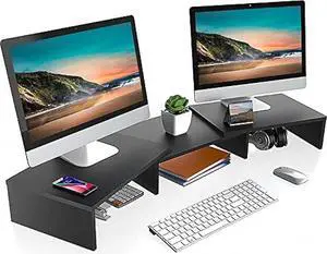 FITUEYES Dual Monitor Stand  3 Shelf Computer Monitor Riser, Wood Desktop Stand with Adjustable Length and Angle, Desk Accessories, Office Supplies Medium Black,DT108001WB