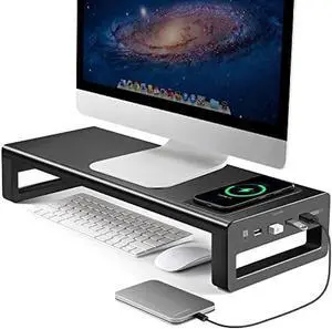 Vaydeer USB3.0 Wireless Charging Aluminum Monitor Stand Riser Support Transfer Data and Charging,Keyboard and Mouse Storage Desk Organizer up to 27inch for Computer MacBook PC (Black