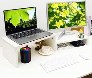 TEAMIX Adjustable White Monitor Stand Riser-2 Pack,Wood 2 Tier Adjustable Monitor Stand Dual Monitor Riser for 2 Monitors/Laptop/PC Computer Stand for Desk