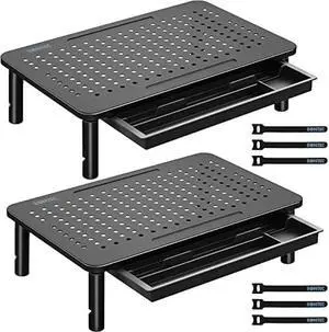 BONTEC 2 Pack Monitor Stand Riser with Drawer, 3 Height Adjustable PC Monitor Riser for Desk with Mesh Platform for Laptop, Computer, iMac, PC, Printer up to 44LBS/20KG, Cable Ties Included
