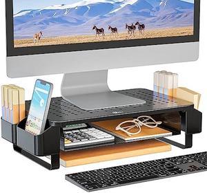 WALI Monitor Stand with Storage, Office Desk Organizer with Drawer and Side Storage Pockets for Computer Desk Stand, Laptop, Printer, Notebook and Flat Screen Display, (STT007), Black, 1 Pack