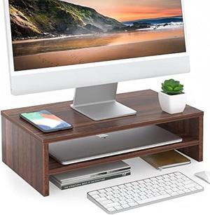 FITUEYES Monitor Stand - 2 Tier Computer Monitor Riser with 16.7 Inch Shelf, Wood Desktop Stand for Laptop Computer Screen, Desk Organization, Office Supplies, Brown, DT204203WB