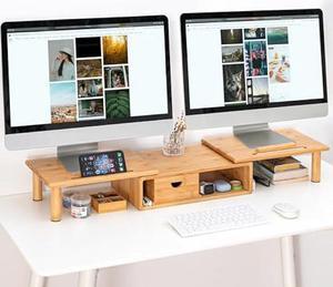 ROCDEER Dual Monitor Stand Riser with Drawer for Desk Laptop Desk Shelf with Adjustable Length and Angle, Bamboo Computer Stand Riser for 2 or 3 Monitors Screen Laptop PC TV -Natural