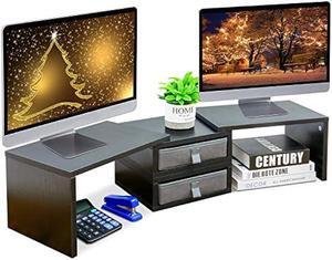 TEAMIX Dual Monitor Stand Riser with 2 Drawers-Length and Angle Adjustable 3 shelf Monitor Riser with Storage Desk Organizer Large Computer Monitor Stand for 2 Monitors/Laptop/PC,Wood Screen/TV Stand
