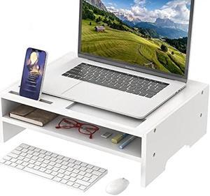Monitor Stand Riser with Storage Organizer Desktop with Cooling Holes Bamboo Laptop Riser Shelf for Office and Home Use 16.7x11.8x5 inch (White)