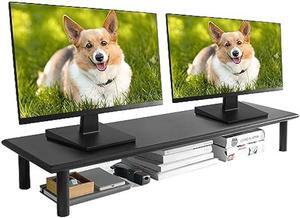ROCDEER Dual Monitor Stand Riser, Black Desk Monitor Riser for 2 Monitors, Bamboo Supports for PC Computer Monitor, Printer, Heavy TV Riser up to 130 lbs
