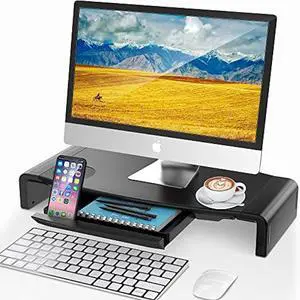 AboveTEK Monitor Stand Riser, Foldable Computer Monitor Riser with Drawer, Height Adjustable Computer Monitor Stands and Risers, Phone Stand for PC, Desktop, Laptop, Printer Save Space (Black)