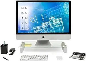 Mount-It! Glass Computer Monitor Riser and Laptop Stand | Clear Flat Screen Display Stand, Desktop Shelf and Organizer, Glass and Aluminum Construction, 22 Inches Wide, 44 lb Carrying Capacity