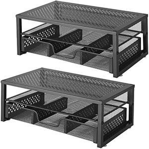 Simple Trending 2 Pack-2 Tier Metal Monitor Riser Stand and Computer Desk Organizer with Drawer, Black