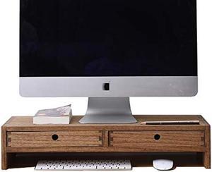 KIRIGEN Wood Monitor Stand with 2 Drawers - Computer Arm Riser Desk Storage Organizer,Speaker TV Laptop Printer Stand with Pen Slot and Cable Management,Dark Brown Desktop Shelf for Office DBR-2PMJ