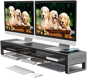 2 Tiers Dual Monitor Stand with Auto Charging Pad, 4 USB 3.0 Hub Ports, Double Monitor Riser, Metal Desk Stand with Storage, Long Screen Raiser for 2 Monitors/PC/Laptop/Computer Space Saver Organizer