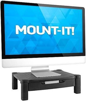 Mount-It! Monitor Riser with Drawer | Height Adjustable Monitor Stand with Sliding Three-Row Storage | Riser for Computer Screen, Printer, or Laptop | Black