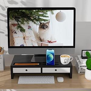 Monitor Stand Riser with Drawer - Black & White Laptop Stand, Bamboo Desktop Shelf Organizer for Computer, TV, Printer, Office Supplies & Accessories with Phone Holder & Cups Slot, No Assembly Needed