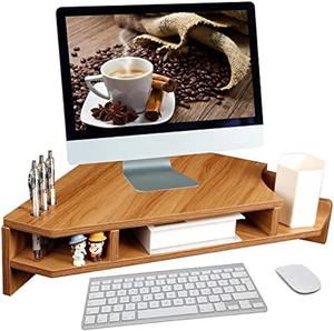 KUAIYU Triangle Monitor Stand Riser,Wooden Triangle Save Space Desktop Computer Stand with Office Organization,Wooden Computer Stand with Storage Laptop Risers Office Organization(Walnut Color)