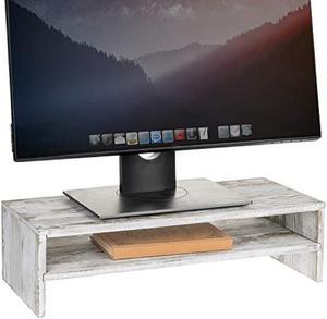 MyGift Shabby Whitewashed Wood Computer Monitor and Laptop Riser Stand for Desk, 2 Tier Office Desktop Storage Shelf