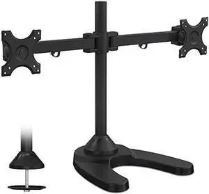 Mount-It! Dual Monitor Stand | Double Monitor Free Standing Desk Mount | Arms Fit Two x 19 20 21 22 23 24 Inch VESA 75 100 Compatible Computer Screens | Interchangeable Grommet Base Also Included