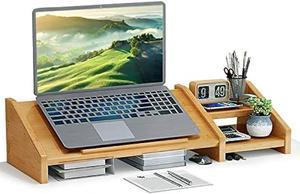 Ufine Bamboo Laptop Stand for Desk 3 Heights Adjustable Notebook Stand Computer Monitor Riser with 2 Tier Storage Shelf, Desktop Organizer Printer Stand for Home Office