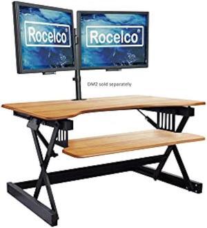 Rocelco 32 Height Adjustable Standing Desk Converter - Sit Stand Computer Workstation Riser - Dual Monitor Retractable Keyboard Tray Gas Spring Assist - Teak Wood Grain (R EADRT)