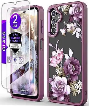 DagoRoo for Samsung Galaxy A14 5G Case with Tempered Glass Screen Protector [2 Pack],[Military Grade Protective] Slim Soft TPU & Hard PC,Girls Women Crystal Clear Flower Pattern Cases (JD-Purple)