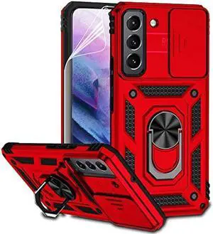 for Samsung Galaxy S22 Case with Camera Lens Cover HD Screen Protector, Dual Layer Military-Grade Drop Tested Magnetic Ring Holder Kickstand Protective Phone Case for Samsung Galaxy S22 5G (Red)