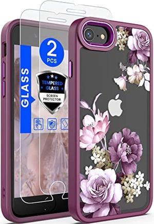 Dretal for iPhone SE 2022/2020 Case,iPhone 8/7 Case,with Tempered Glass Screen Protector [Military Grade Drop Tested] Hard Back & Soft Edge Slim Flower Women Girls Phone Protective Cover (Purple)