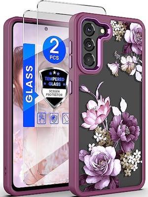 Dretal for Samsung Galaxy S21 5G Case Floral, Military Grade Drop Tested Hard Back & Soft Edge Slim Flower Women Girls Phone Protective Cover + Tempered Glass Screen Protector for Galaxy S21(Purple)