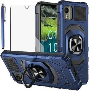 RTYJZ for Nokia C110 Case with Tempered Glass Screen Protector, Built in 360°Adjustable Ring Kickstand [Military Grade] Protective Cover for Nokia C110 N156DL (Blue)