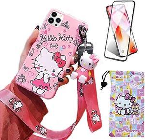 Ealievor Compatible with iPhone 12 Pro Max Case with Screen Protector Cartoon Cute Funny Kawaii Cat Kitty Animal Character Phone Case Silicone Lanyard 3D Cover Case for Kids Girls and Womens