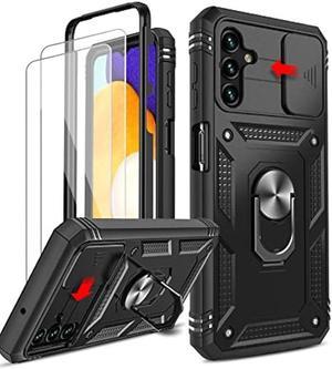 LeYi for Galaxy A13 5G / A04s Case: Slide Camera Cover + [2 Pcs] Tempered Glass, for 360 Military-Grade with Kickstand, Black
