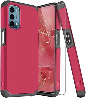 TJS Compatible with OnePlus Nord N200 5G Case with Tempered Glass Screen Protector Dual Layer Hybrid Shockproof Drop Protection Impact Cover Phone Case for OnePlus Nord N200 5G Rose Pink