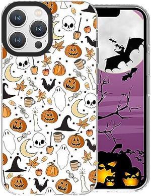 FOQENCCI Halloween Phone Case for iPhone 14 Pro Max Anti-Yellowing Clear Soft TPU + Black Camera Frame Protection Anti-Scratch Shockproof Phone Cover with Skull Bat Pumpkin Pattern Designed 6.7 inch