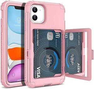 WeLoveCase iPhone 11 Wallet Case for Women, Men Defender Credit Card Holder Cover with Hidden Mirror Three Layer Shockproof Heavy Duty Protection All-Round Armor Protective Case for iPhone 11 Pink