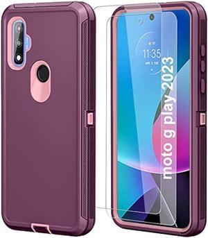 Qinmay for Moto G Play 2023 Case with HD Screen Protector 2 PacksMotorola Moto G Play 2023 Phone Case 3 in 1 Heavy Duty Armor Shockproof Phone Case for Motorola Moto G Play 2023 WineRed Pink