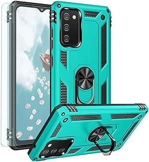 TJS Compatible with Samsung Galaxy A03S Case with Tempered Glass Screen Protector Defender Metal Ring Kickstand Magnetic Support Heavy Duty Drop Protector Phone Case Cover Teal