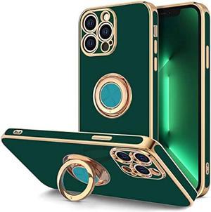 Hython Case for iPhone 13 Pro Max Case with Ring Stand 360Rotatable Ring Holder Magnetic Kickstand Plated Rose Gold Edge Slim Soft TPU Cover Luxury Protective Phone Case Midnight Green