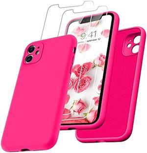 DUEDUE for iPhone 11 Case with 2 Pack Screen Protector,Liquid Silicone Soft Gel Rubber Slim Cover with Microfiber Cloth Lining Cushion Shockproof Phone Case for iPhone 11 6.1, Hot Pink