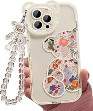 Shinymore Compatible with iPhone 13 Pro Max Case Cute Flowers Bear Camera Protector Clear Case with Lovely Strap Bracelet Chain Girls Women Case for iPhone 13 Pro Max