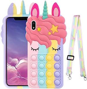 Pop Phone Case Samsung Galaxy A10E Fidget Toys Stress Relief Phone Case with Strap Push Pop Bubble 3D Cartoon Funny Kawaii Cute Silicone Cover for Girls Kids Teen Protective A10E Case  Rainbow
