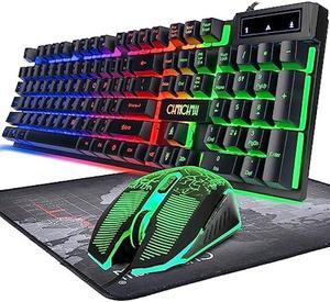Keyboard and Mouse Gaming LED Wired Combo with Emitting Character Keyboard 4800DPI 2 Side Button USB Mouse Rainbow Backlit Mechanical Feeling Compatible with PC Raspberry Pi Mac Xbox one ps4