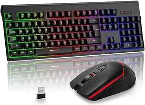 BlueFinger Wireless Gaming Keyboard and Mouse, Rechargeable Rainbow Backlit Wireless Keyboard and Ergonomic Light Up Mouse Combo for Windows, Mac, PC, Laptop