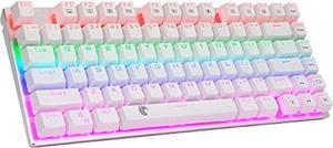 HUO JI 65% Mechanical Gaming Keyboard, E-Yooso Z-88 with Blue Switches Metal Panel Rainbow LED Backlit, Compact 81 Keys, Silver and White