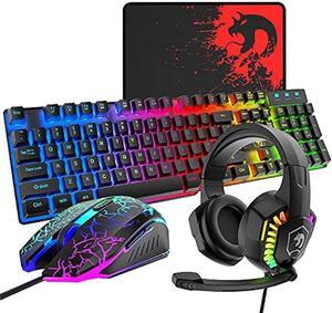 Wired Gaming Keyboard and Mouse Headset Combo,Rainbow LED Backlit Wired Keyboard,Over Ear Headphone with Mic,Rainbow Backlit Gaming Mice,Mouse Pad,for PC,Laptop,Mac,PS4,Xbox(Black)