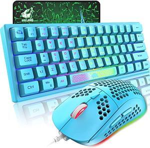 60% Gaming Keyboard and Mouse Combo Rainbow LED Backlit Keyboard with 61 Keys Membrane Mini Portable Ergonomic Design Ultralight Gaming Mouse 6400 DPI,Gaming Mouse Pad for Windows PC Gamers(Blue)