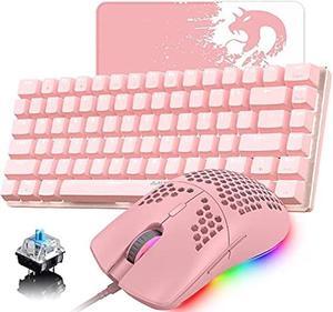Pink Gaming Keyboard and Mouse,3 in 1 Gaming Set,White LED Backlit Wired Gaming Keyboard,RGB Backlit 6400 DPI Lightweight Gaming Mouse with Honeycomb Shell,Large Mouse Pad for PC Game(Pink)