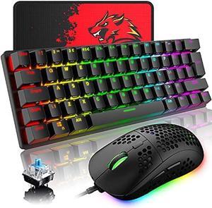 Wired Gaming Keyboard Mouse Combo Chroma RGB Backlit Mechanical Keyboard with 61 Keys Anti-ghosting Floating Keycaps Metal Plate Type-C RGB Gaming Mouse 6400 DPI for PC Gamers (Black/Blue Switch)