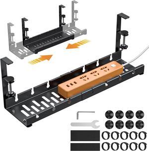 Under Desk Cable Management Tray,JIEJIEGS Expandable Metal Cords Management Box with Desk Clamp Super Sturdy Metal, No Drill,Stable Cords Organizer for Home and Office-Black