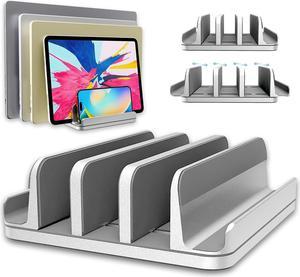 TEFONIA Vertical Laptop Stand Holder 5 Slots, Aluminum Space-Saving Laptop Holder, Adjustable Size Dock Tabletop Desk Organizer 3 Slot + 2 for Apple MacBook/Surface/Galaxy/Tablet/iPad/iPhone (Silver)