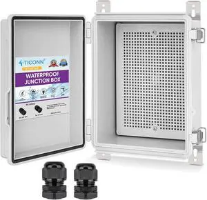 TICONN Waterproof Electrical Junction Box IP67 ABS Plastic Enclosure with Hinged Cover with Mounting Plate, Wall Brackets, Cable Glands (Off-White, 8.7"x6.7"x4.3")