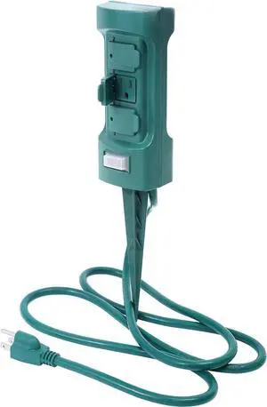 MaxWorks 80710 6-Outlet Double Sided Outdoor Power Stake with Covers-14 AWG x 3C-with Overload Protection-ETL Certified, 6 Ft. Green