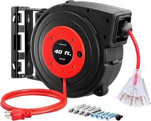 DEWENWILS Retractable Extension Cord Reel, 40 FT Heavy Duty Power Cord, 12/3C SJTOW Retractable Cord Reel, Lighted Triple Tap Outlets, 15A Circuit Breaker, Wall/Ceiling Mount, UL Listed, Red